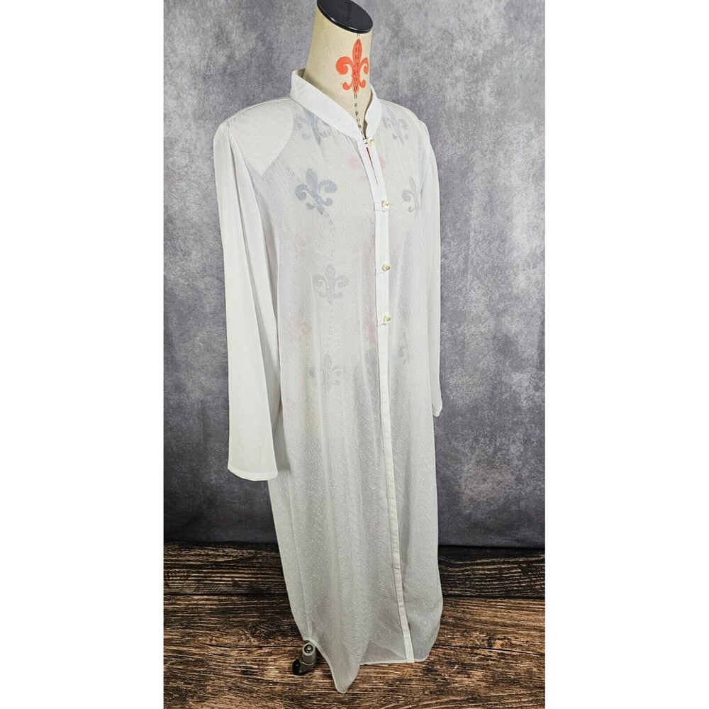 VTG 60s First Lady Jackie Julian 2XL Long Sheer Button Front Duster White Silver
